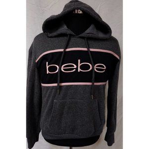 Bebe Womens Medium Grey Pink Pullover Soft Spellout Logo Sweatshirt Hoodie